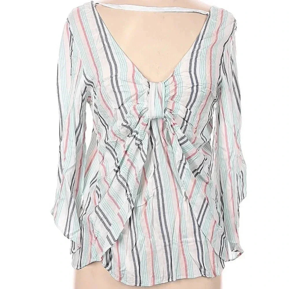 Anthropologie Drew White Multi Stripe Open Back Long Sleeve Blouse Size M Medium - Picture 2 of 2